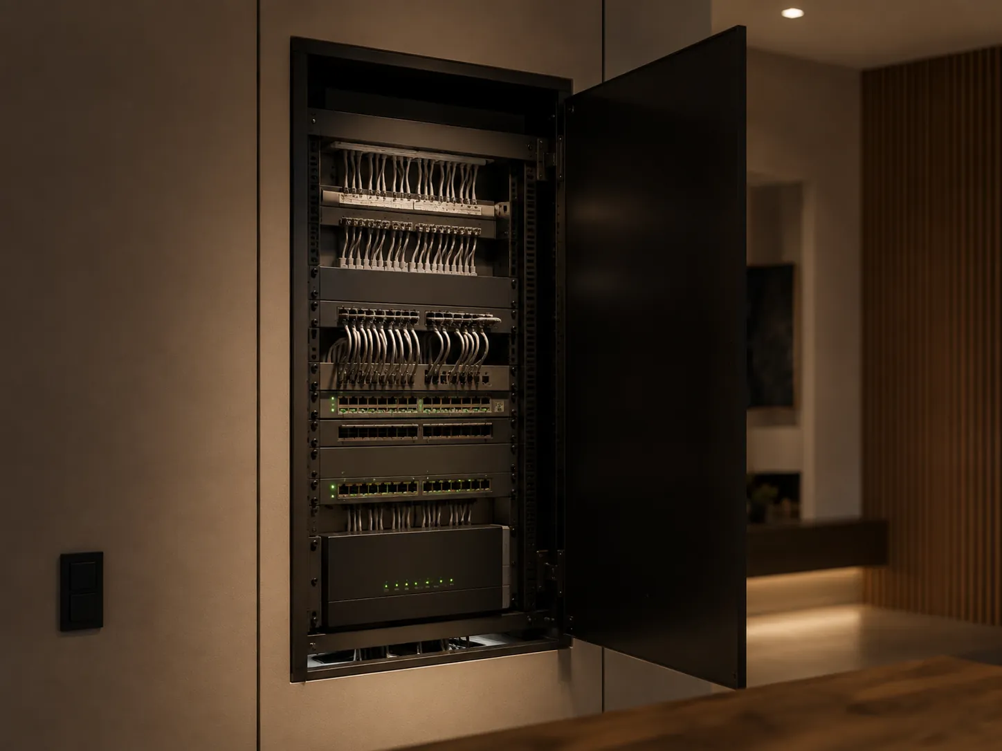 Offener Netzwerkschrank mit Patchfeld, Switches und sauber geführten Datenleitungen