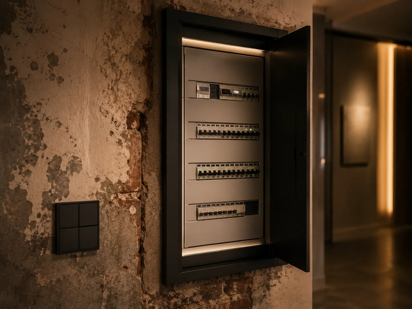 Modernisierung im Bestand: erneuerte Elektroinstallation neben alter Bausubstanz